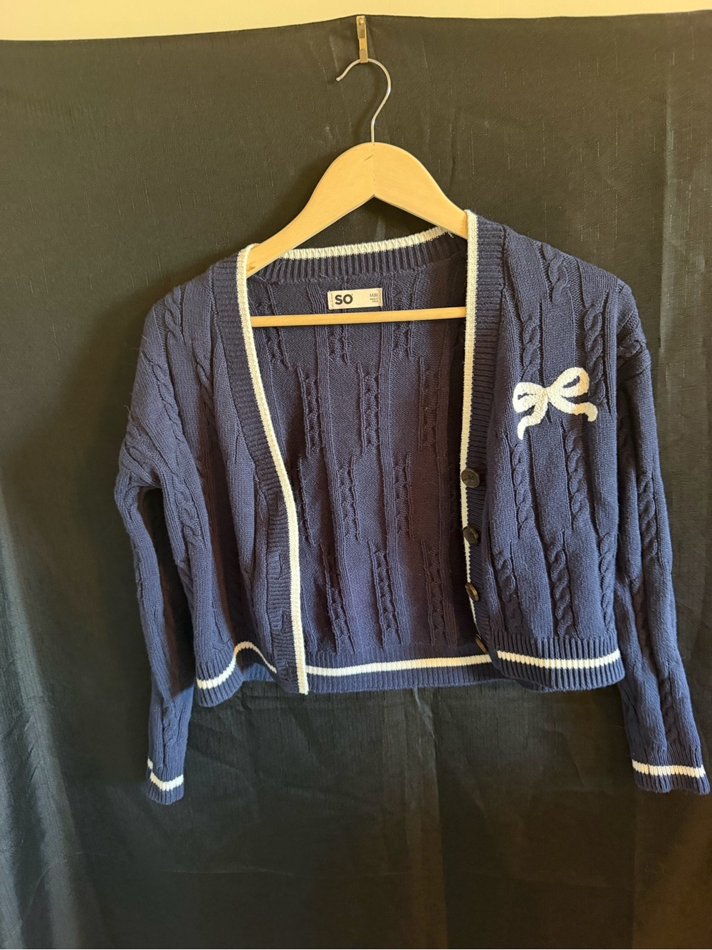 SO Navy Cable-Knit Cardigan with White Trim and Bow